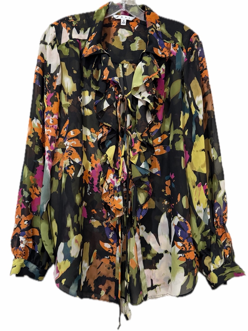 Cabi Small Floral #146 Long Sleeve Semi Sheer Blouse Tie Front B6